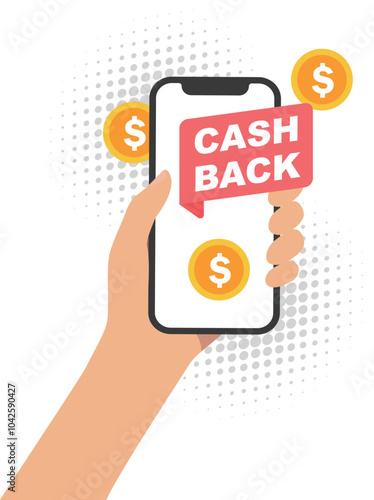 Cashback with smartphone in hand icon in flat style.