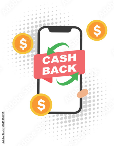 Cashback with smartphone in hand icon in flat style.