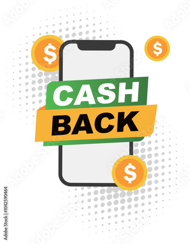 Cashback with smartphone in hand icon in flat style.