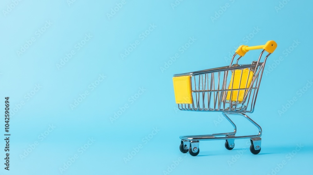 A small shopping cart on a blue background, symbolizing retail and shopping convenience. A small shopping cart on a blue background, symbolizing retail and shopping convenience.