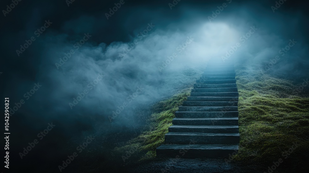 Fototapeta premium Staircase ascending through mist towards a bright light symbolizing spiritual journey, growth, and moving towards new opportunities