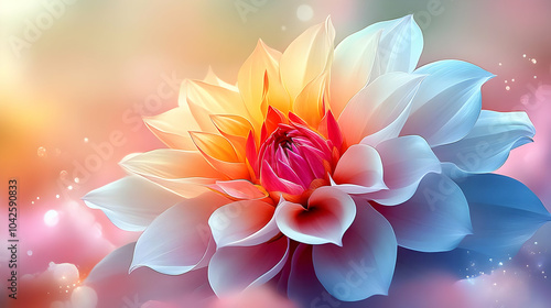 A vibrant lotus flower with colorful petals against a dreamy background.