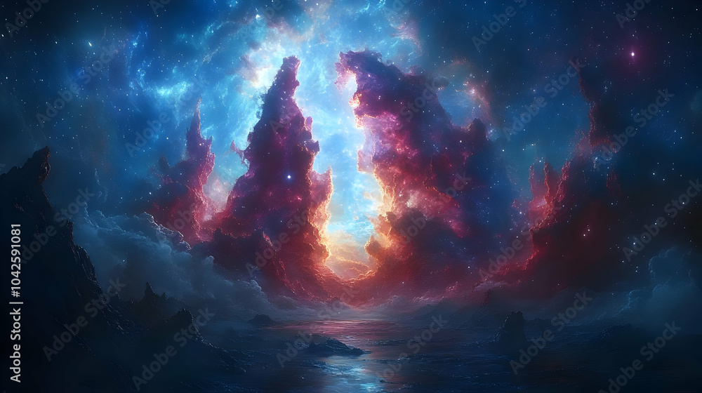 Obraz premium Cosmic Landscape Illustration: A Mystical View of the Universe