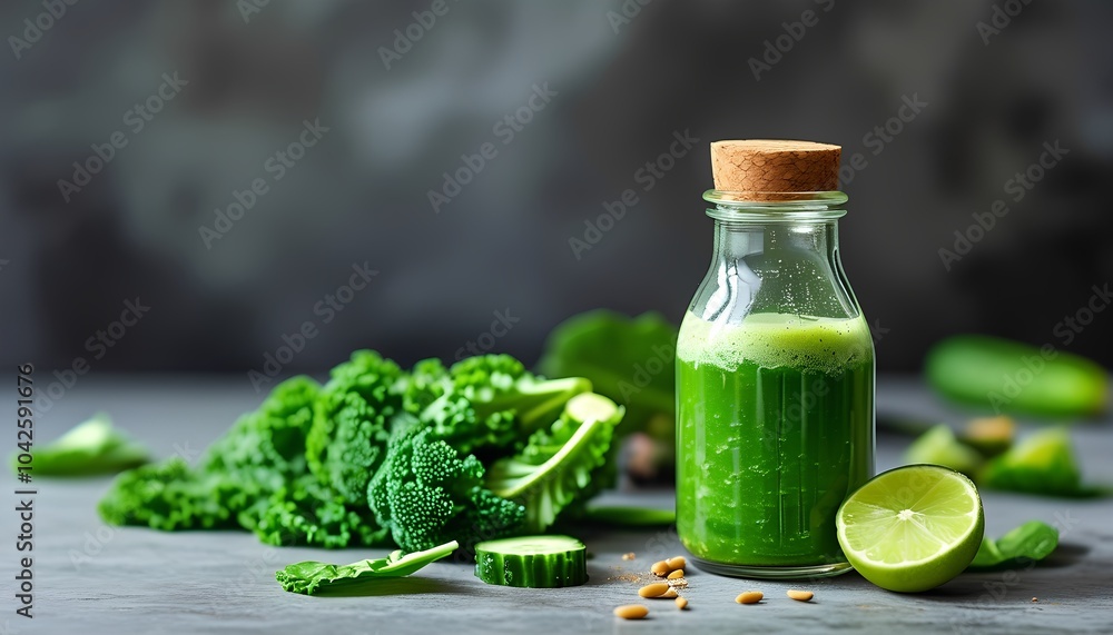 Refreshing green smoothie in a jar a vibrant blend of kale cucumber and lime perfect for a healthy lifestyle or post-workout boost