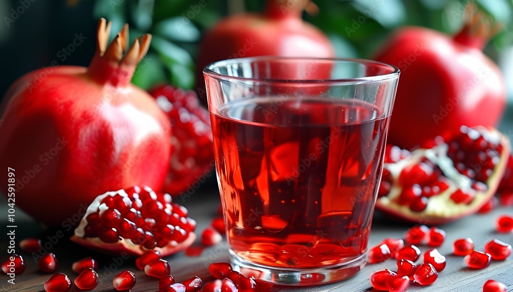 Refreshing pomegranate juice a vibrant drink surrounded by luscious pomegranates and their seeds celebrating nature's rich flavors and colors Refreshing pomegranate juice a vibrant drink surrounded by luscious pomegranates and their seeds celebrating nature's rich flavors and colors