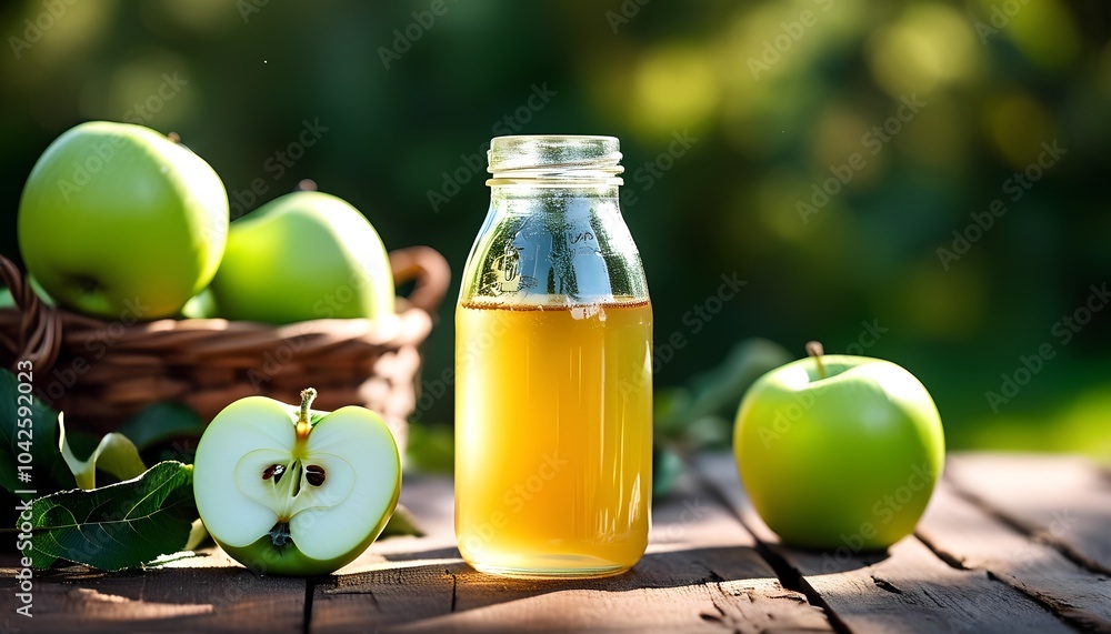 Fresh green apple juice in a glass bottle with whole apples and a basket in a natural setting capturing the essence of refreshment and healthy living Fresh green apple juice in a glass bottle with whole apples and a basket in a natural setting capturing the essence of refreshment and healthy living