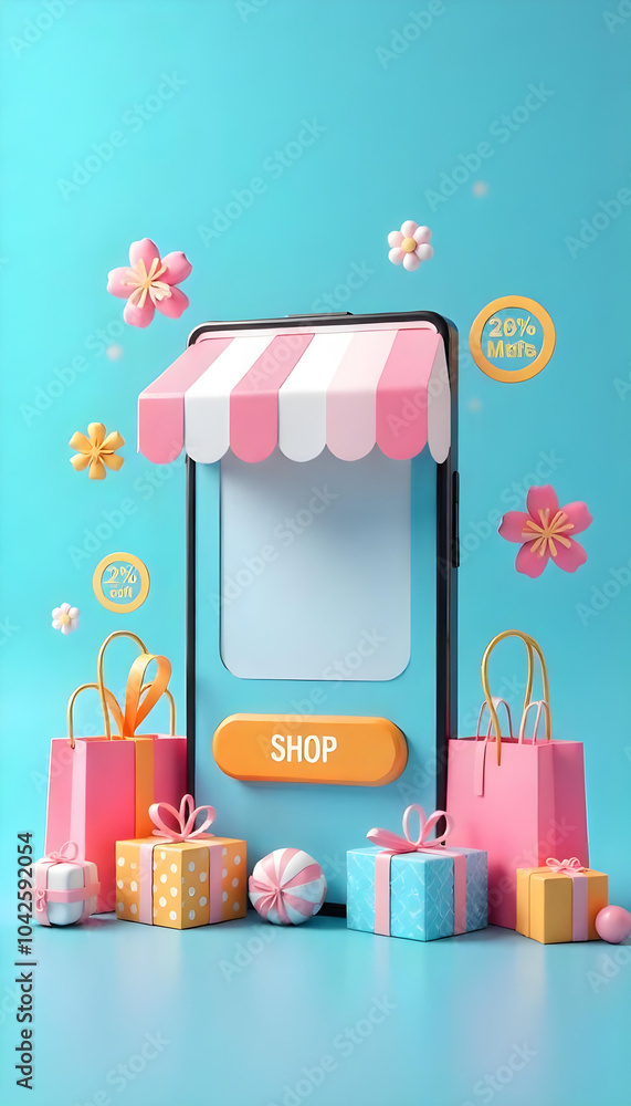 Fototapeta premium online shopping interface with a large smartphone