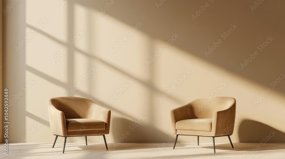 Minimalist interior featuring two modern chairs with soft lighting and shadow play. Minimalist interior featuring two modern chairs with soft lighting and shadow play.
