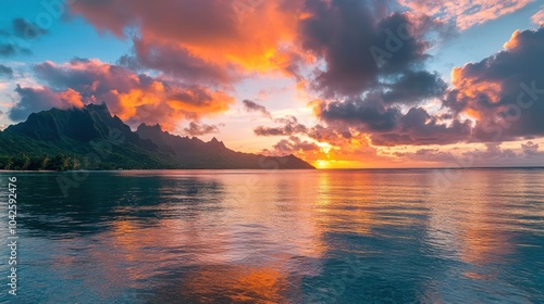 A serene sunset over tranquil waters, framed by majestic mountains and colorful clouds.