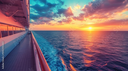 A vibrant sunset over the ocean viewed from a cruise ship deck.