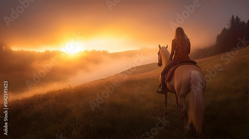 A rider on a horse gazes at...