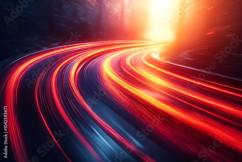 vibrant, dynamic scene showcasing light trails on winding road, illuminated by warm glow. motion creates sense of speed and excitement, perfect for conveying energy and movement