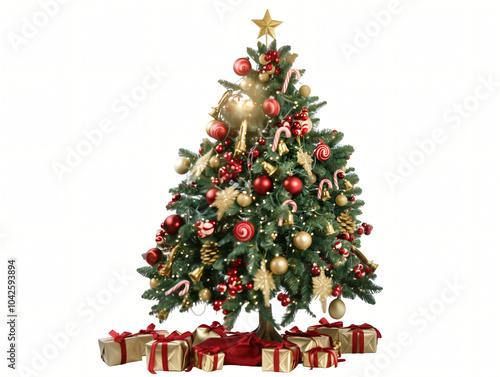 The image could be named as Christmas tree decorated with gifts and presents under it