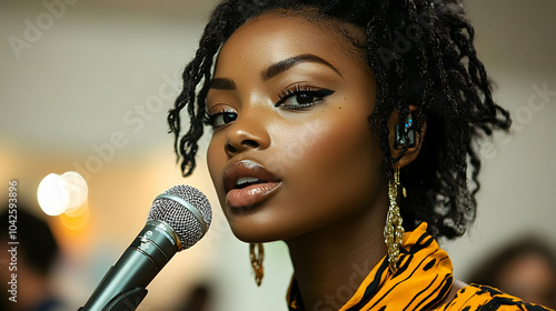 A young woman singing into ...