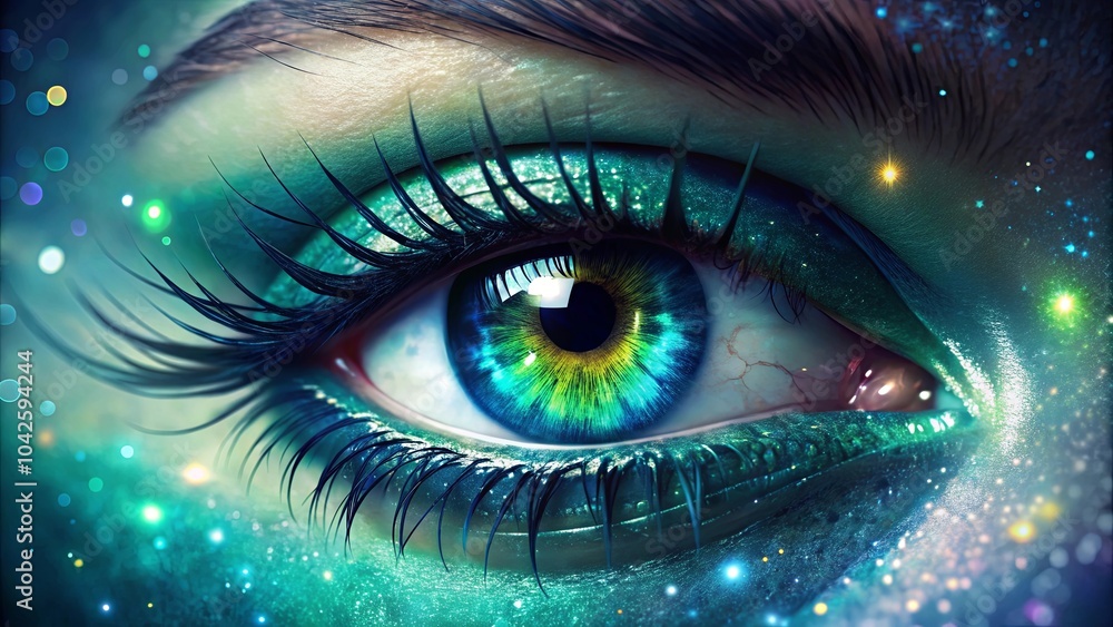 A Close-Up of a Vibrant Eye Surrounded by Glittering Cosmic Dust, Reflecting the Intricacy of Life and the Infinite Beauty of the Universe. A Close-Up of a Vibrant Eye Surrounded by Glittering Cosmic Dust, Reflecting the Intricacy of Life and the Infinite Beauty of the Universe.