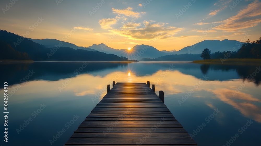 Charming wooden dock extending into a tranquil lake at sunset with silhouettes of mountains in the background enhancing the beauty Charming wooden dock extending into a tranquil lake at sunset with silhouettes of mountains in the background enhancing the beauty