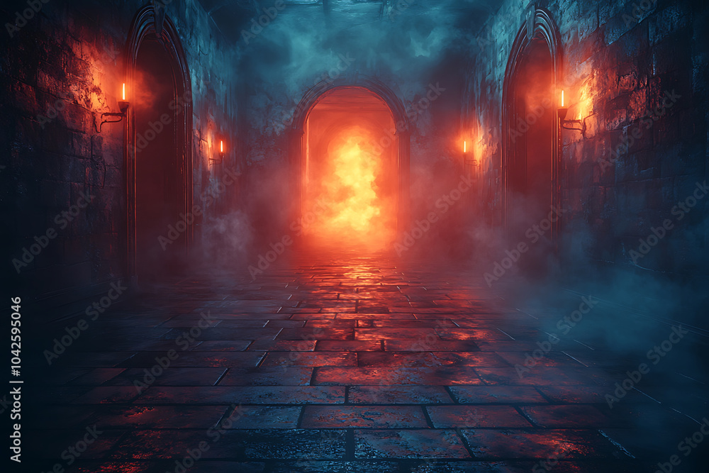 Fototapeta premium dark, eerie hallway with glowing torches and fiery portal at end creates spooky atmosphere. mist adds to haunting ambiance, perfect for haunted mansion scene