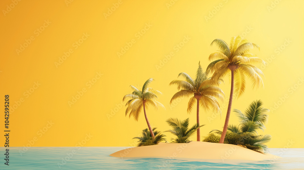 Obraz premium 3D style, cartoon, island, coconut trees, travel scenery, free space for text on right side, yellow background 