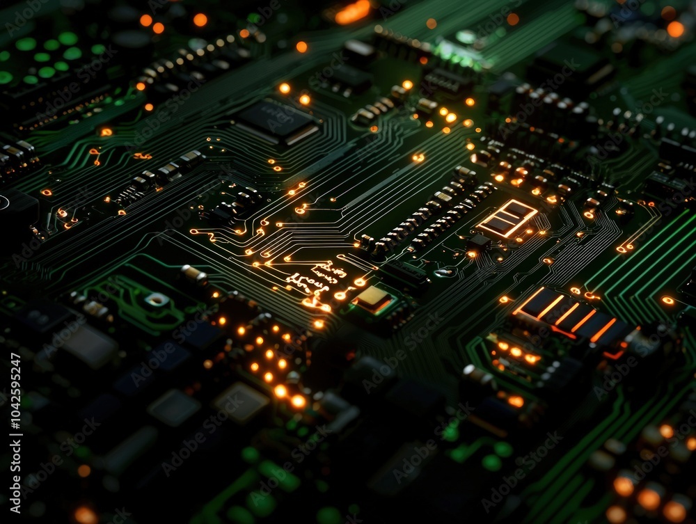 Close-up of a circuit board with glowing lights. Close-up of a circuit board with glowing lights.