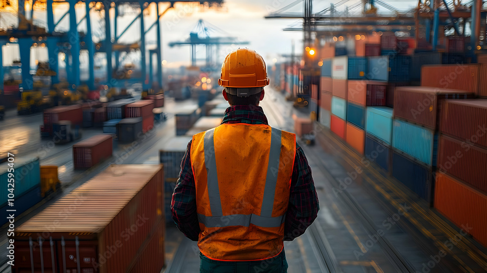 Worker observing cargo containers at a busy shipping port. Worker observing cargo containers at a busy shipping port.