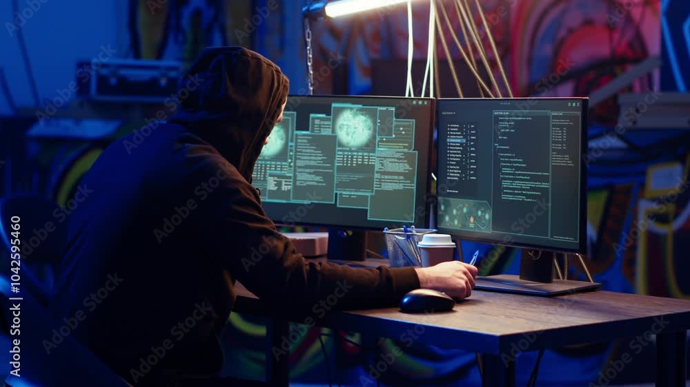 Malicious man hacking and talking on phone with partner, stealing credit card numbers, manipulating banking systems. Evil hacker runs dangerous code, chatting with friend in telephone call, camera B