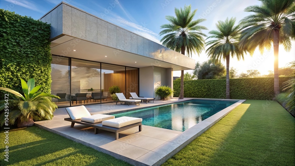 Fototapeta premium Modern architecture with a swimming pool and tropical landscaping, showcasing serene living.