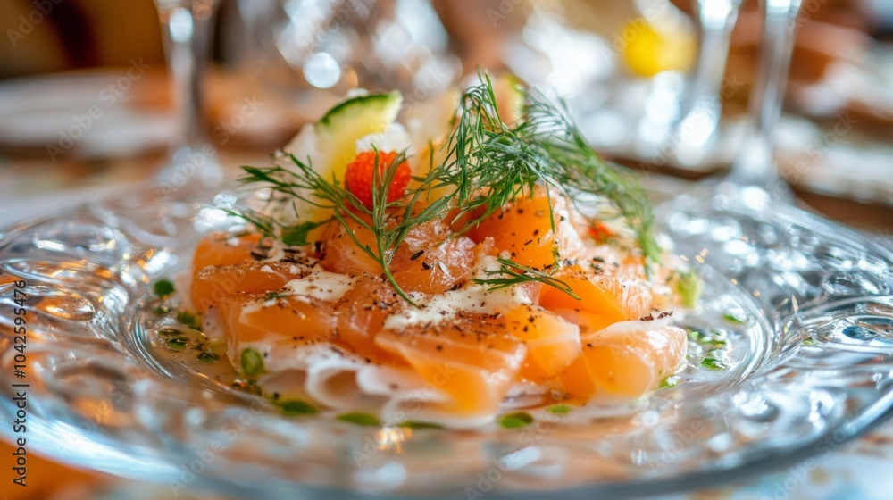 Elegant Dish with Fresh Garnishes on Glass Plate Elegant Dish with Fresh Garnishes on Glass Plate