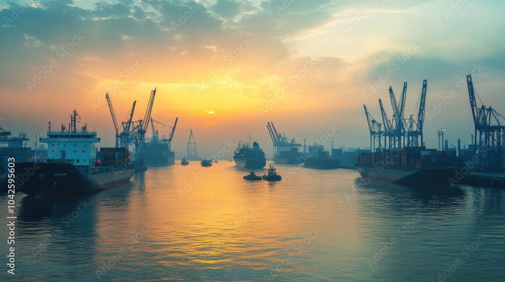 Fototapeta premium An active harbor bustling with activity at sunrise, where cargo ships and cranes silhouette against the early morning sky, symbolizing the resilience and growth of global trade networks