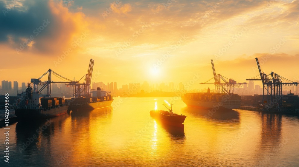 An active harbor coming alive at sunrise, with cargo ships and cranes silhouetted against the morning sky, illustrating the rise of global trade networks An active harbor coming alive at sunrise, with cargo ships and cranes silhouetted against the morning sky, illustrating the rise of global trade networks