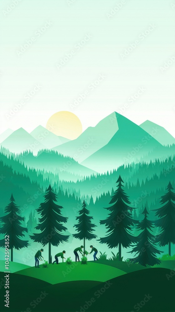 Fototapeta premium Eco Tourists Planting Trees in a Scenic Landscape