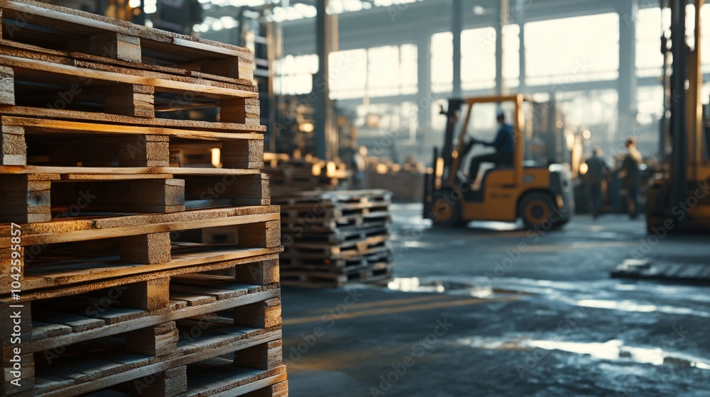 Wooden Pallets Stacked in a Warehouse with Forklift in Background Wooden Pallets Stacked in a Warehouse with Forklift in Background