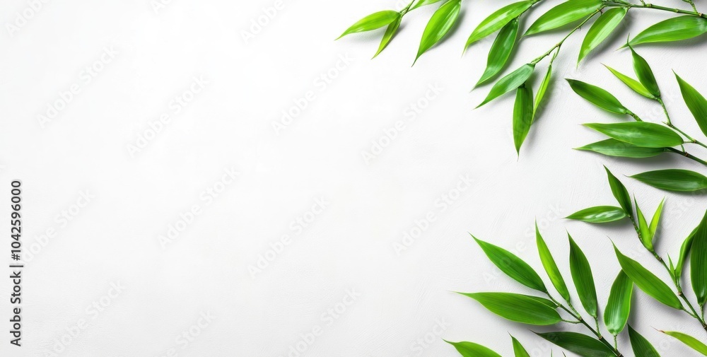 A minimalist composition featuring green leaves against a white background. A minimalist composition featuring green leaves against a white background.
