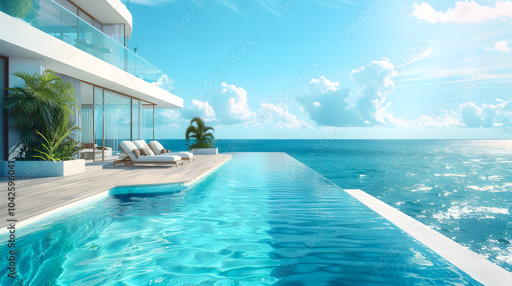 Fototapeta premium Sea view. Luxury modern white beach hotel with swimming pool. Sunbed on sundeck for vacation home or hotel