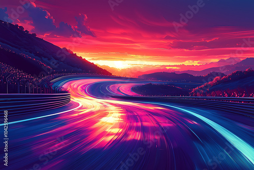 vibrant racetrack curves through stunning landscape at sunset, with colorful streaks of light reflecting off asphalt. dramatic sky enhances thrilling atmosphere of speed and excitement