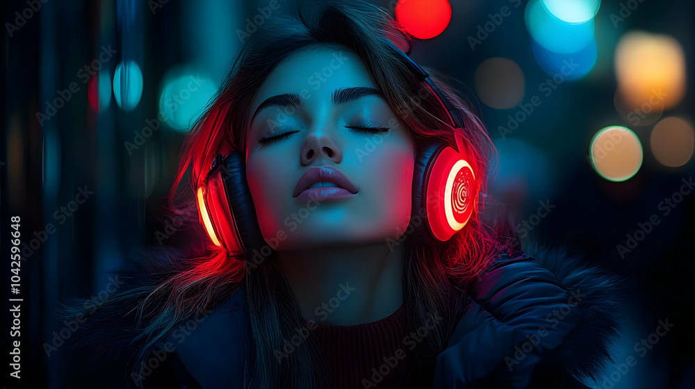 A young woman enjoys music in vibrant, illuminated headphones. A young woman enjoys music in vibrant, illuminated headphones.