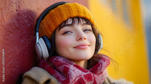 A young woman enjoying musi...