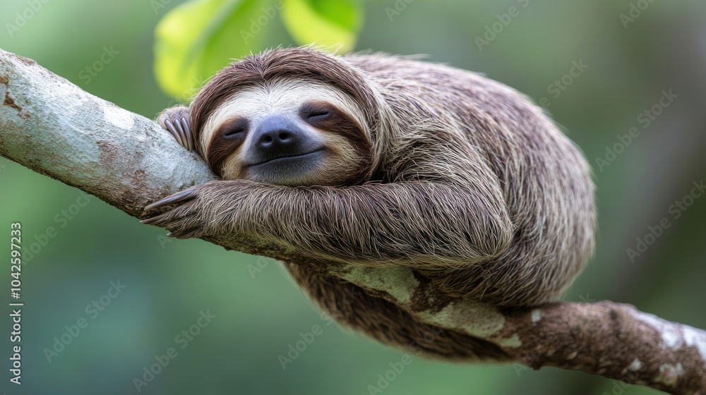 Fototapeta premium A sloth resting peacefully on a tree branch in a natural setting.