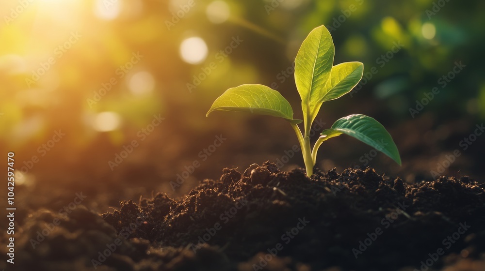 A Seedling Sprouting from Rich Soil in Warm Sunlight Symbolizing New Beginnings and Growth A Seedling Sprouting from Rich Soil in Warm Sunlight Symbolizing New Beginnings and Growth