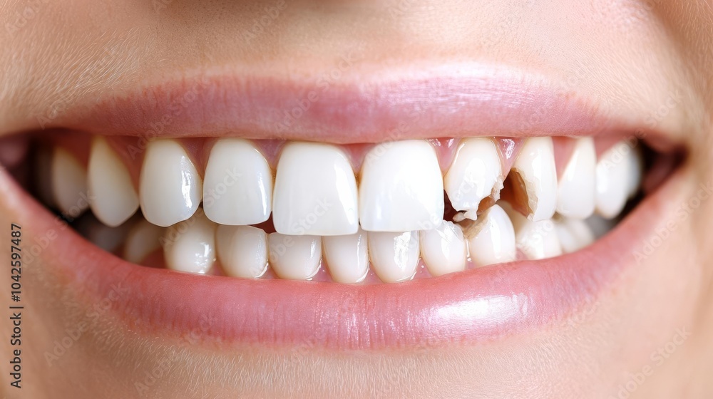 Fototapeta premium Split view of patient s teeth before with severe damage and after with new dental crowns, severe teeth damage fix, before and after dental crowns