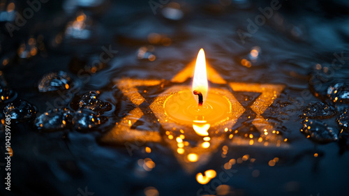 Candlelit Star of David in water representing a serene Hanukkah celebration during nighttime photo