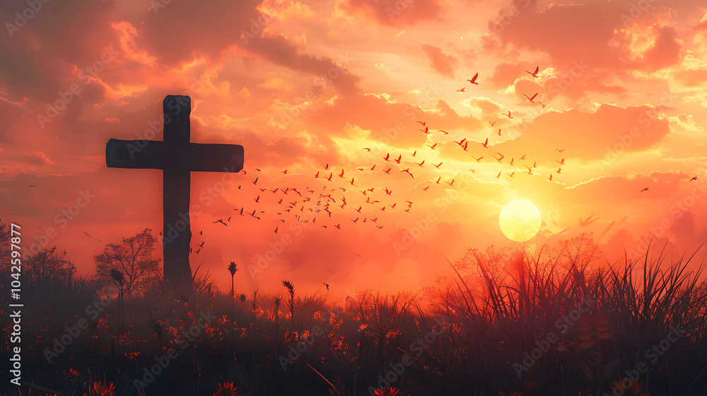 Silhouette cross and birds flying in autumn sunrise Silhouette cross and birds flying in autumn sunrise
