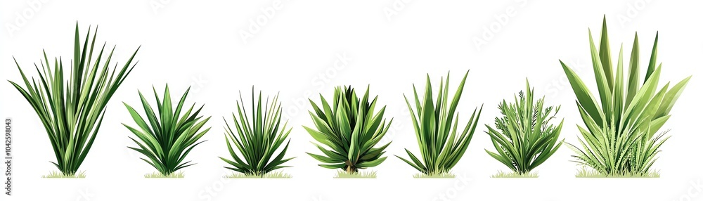 A variety of agave plants displayed on a white isolated background. A variety of agave plants displayed on a white isolated background.