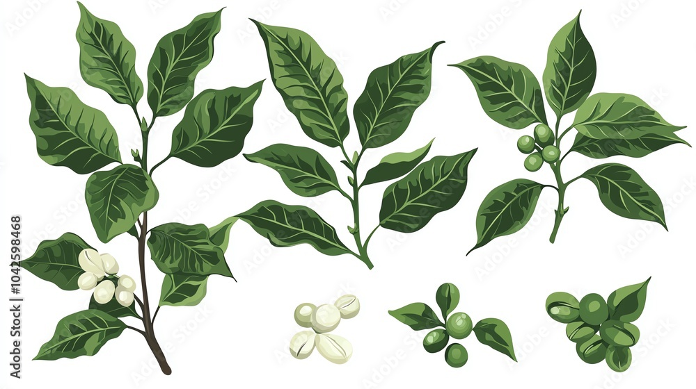 Collection of green leaves and buds on white isolated background. Collection of green leaves and buds on white isolated background.
