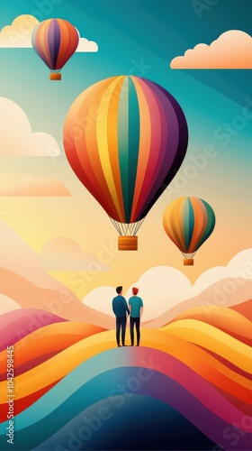 Romantic Sunset with Couple and Hot Air Balloons