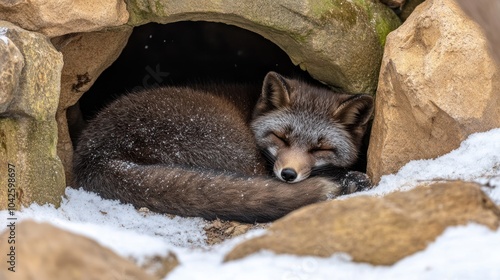 A sleeping fox curled up in a cozy den, surrounded by snow and rocks.