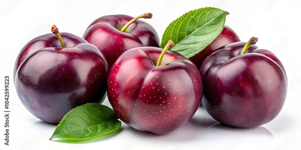 A cluster of plump, vibrant purple plums, their smooth, glossy skin reflecting light, nestled amongst lush green leaves, showcasing the essence of summer's bounty. A cluster of plump, vibrant purple plums, their smooth, glossy skin reflecting light, nestled amongst lush green leaves, showcasing the essence of summer's bounty.