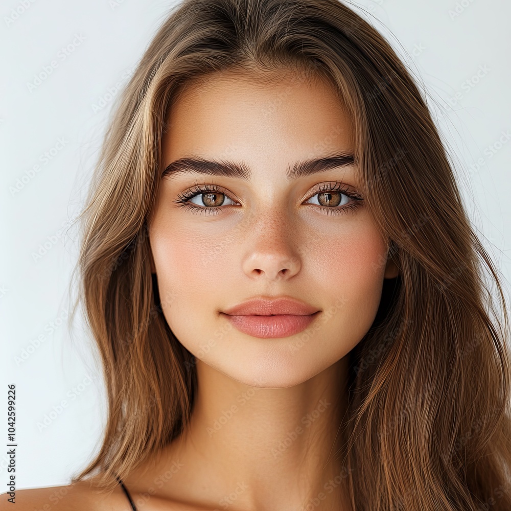 Naklejka premium A young woman with long brown hair smiles at the camera against a white background.