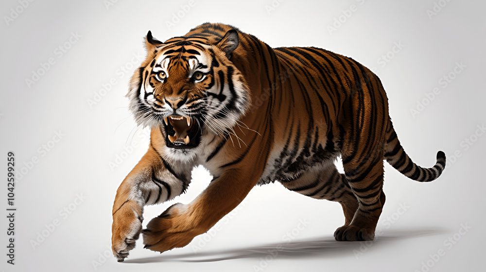 Obraz premium A majestic tiger with striking stripes on a white background, showcasing the beauty and power of this wild feline.