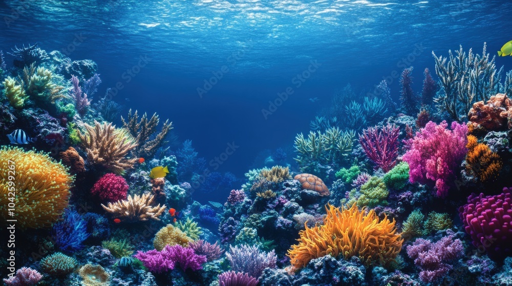 Fototapeta premium Vibrant coral reef underwater with colorful fish and sunlight.