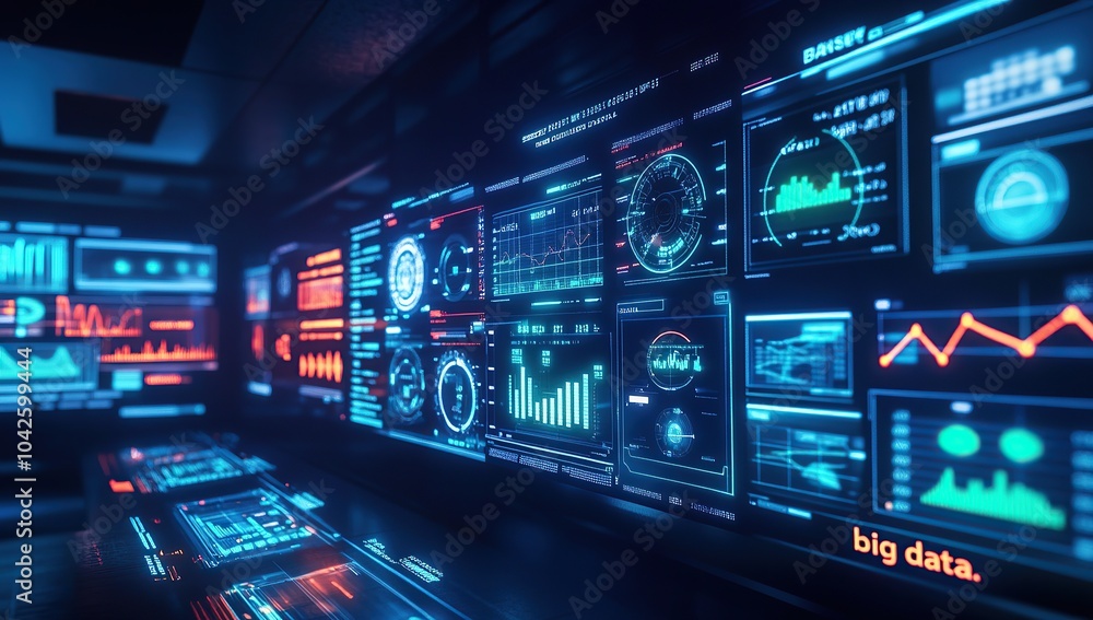 Fototapeta premium A futuristic control room with multiple screens displaying data and graphs